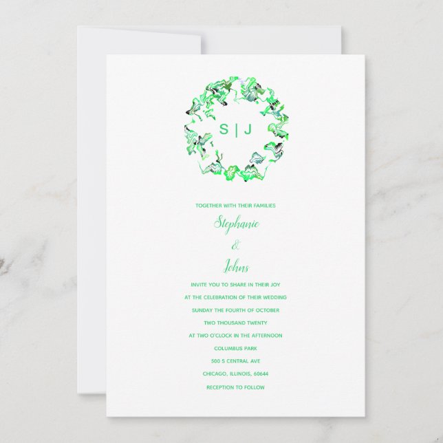 Invitation Simple Monogram Crest Green White Boho Mariage (Devant)