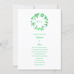 Invitation Simple Monogram Crest Green White Boho Mariage