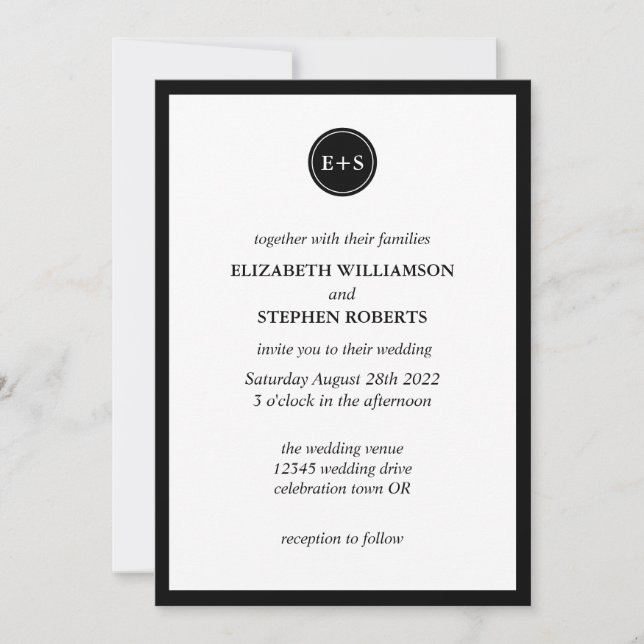 Invitation Simple Monogram | Mariage Noir et Blanc (Devant)