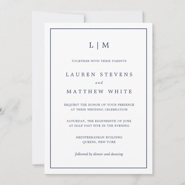 Invitation Simple Monogramme Bleu Marine Élégant de Mariage (Devant)