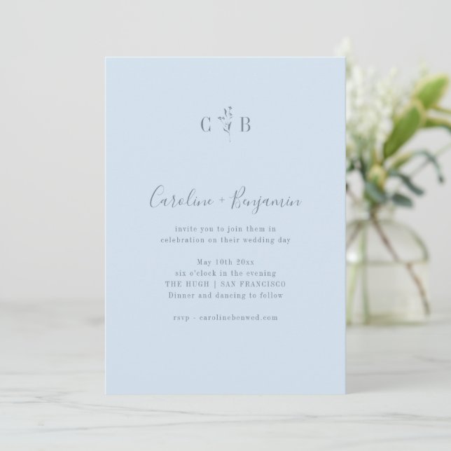 Invitation Simple Monogramme Botanique Bleu Clair Mariage Boh (Debout devant)