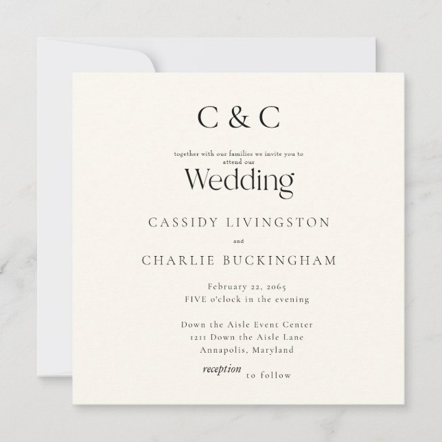Invitation Simple Monogramme Carré Mariage Crème (Devant)