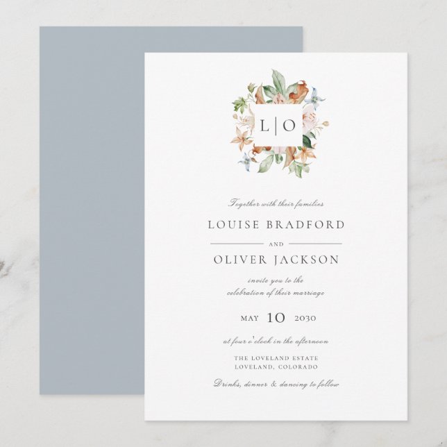 Invitation Simple Monogramme de mariage à l'aquarelle bleu po (Devant / Derrière)