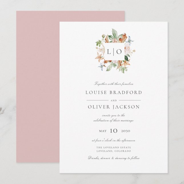 Invitation Simple Monogramme de mariage à l'aquarelle Rose Po (Devant / Derrière)