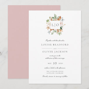 Invitation Simple Monogramme de mariage à l'aquarelle Rose Po
