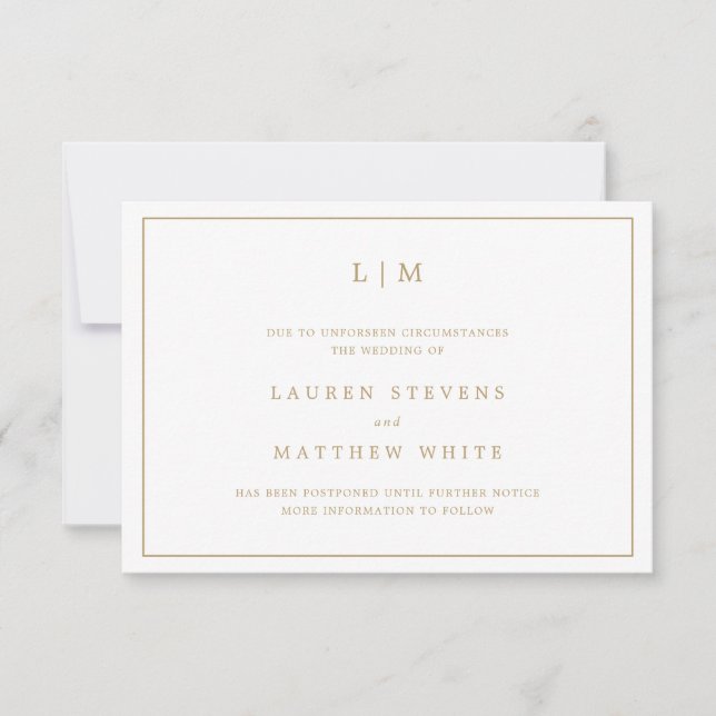 Invitation Simple Monogramme de Mariage Reporté en Or Antique (Devant)