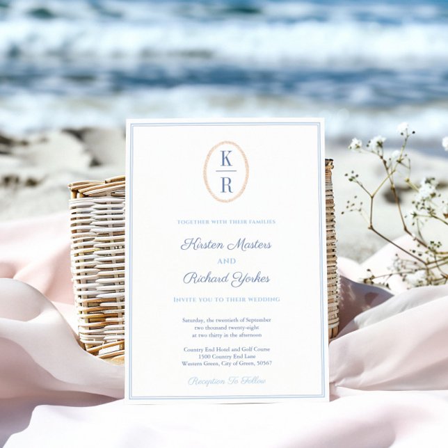 Invitation Simple Monogramme Naution Bleu Et Blanc De Mariage (Simple nautical inspired wedding invitation with a couples monogram with fisherman rope details)