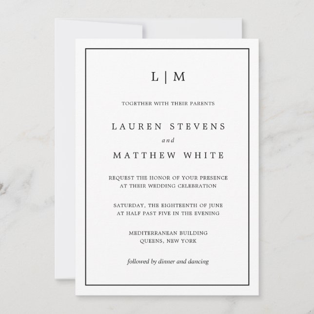 Invitation Simple Monogramme Noir et Blanc Élégant de Mariage (Devant)