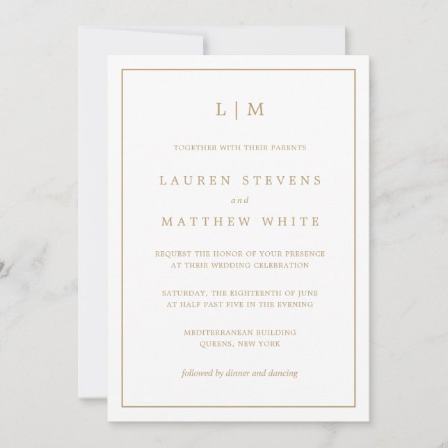 Invitation Simple Monogramme Or Élégant Mariage (Devant)