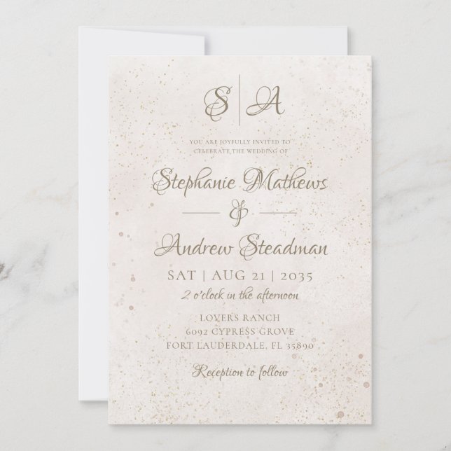 Invitation Simple Monogramme Or Ivory Mariage (Devant)