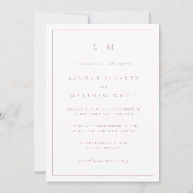 Invitation Simple Monogramme Rose Clair Mariage Élégant (Devant)