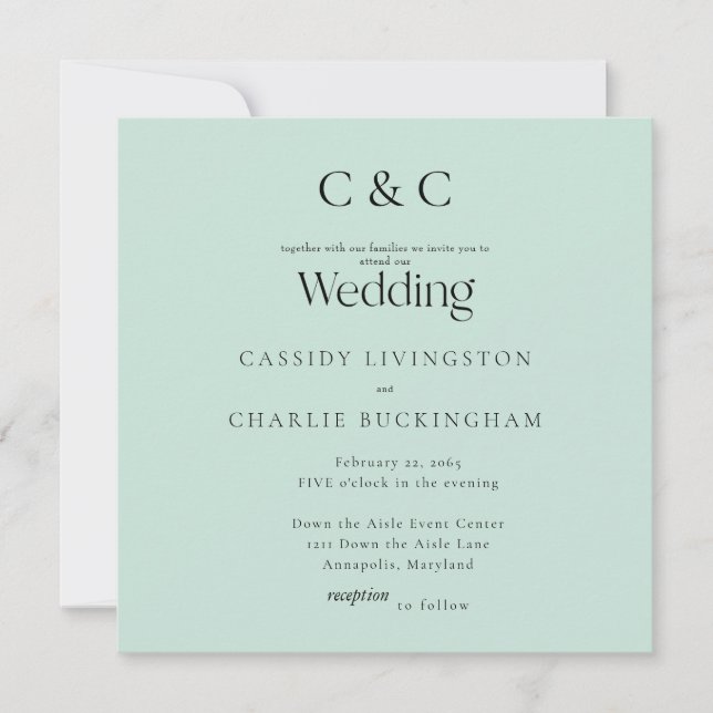 Invitation Simple Monogramme Seafoam Carré Mariage (Devant)