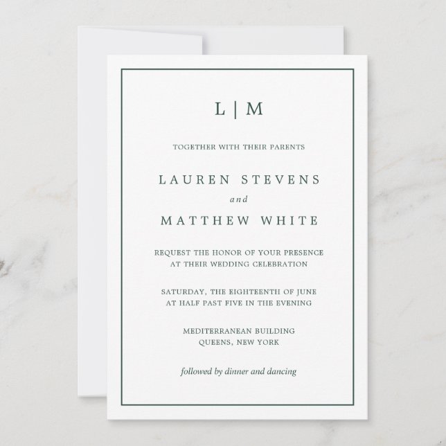 Invitation Simple Monogramme Vert Forêt Mariage Élégant (Devant)