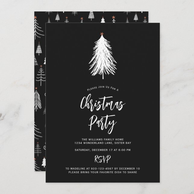Invitation Simple Nature Black White Christmas Tree Party (Devant / Derrière)