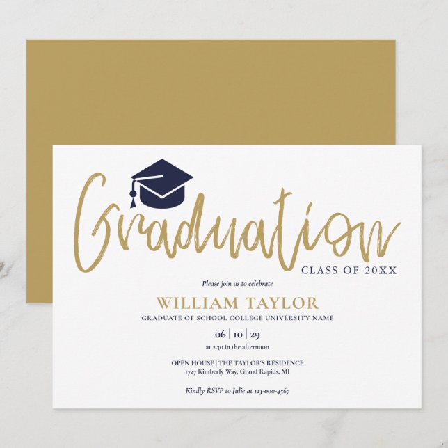 Invitation Simple Navy Blue and Gold Script Graduation Party (Devant / Derrière)