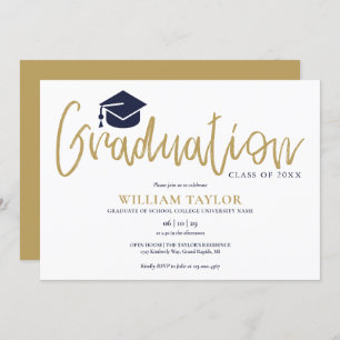 Invitation Simple Navy Blue and Gold Script Graduation Party