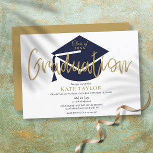 Invitation Simple Navy Blue and Gold Script Graduation Party