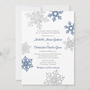 Invitation Simple Navy Blue Silver Winter Snowflake Mariage
