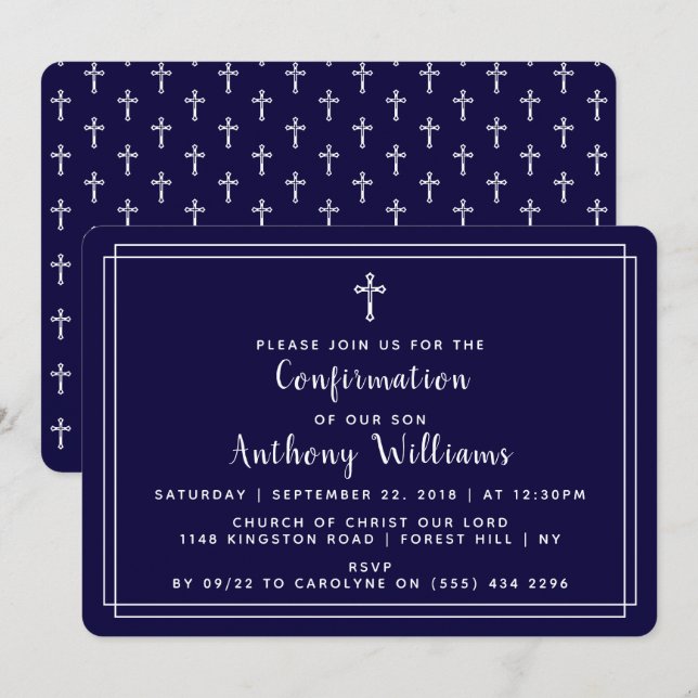 Invitation Simple Navy Blue & White Holy Cross Confirmation (Devant / Derrière)