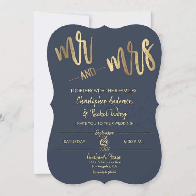 Invitation Simple Navy Gold Script M. et Mme Mariage (Devant)