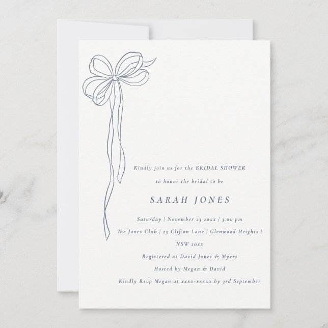 Invitation Simple Nœud Coquette Bleu Gris Mariage (Devant)
