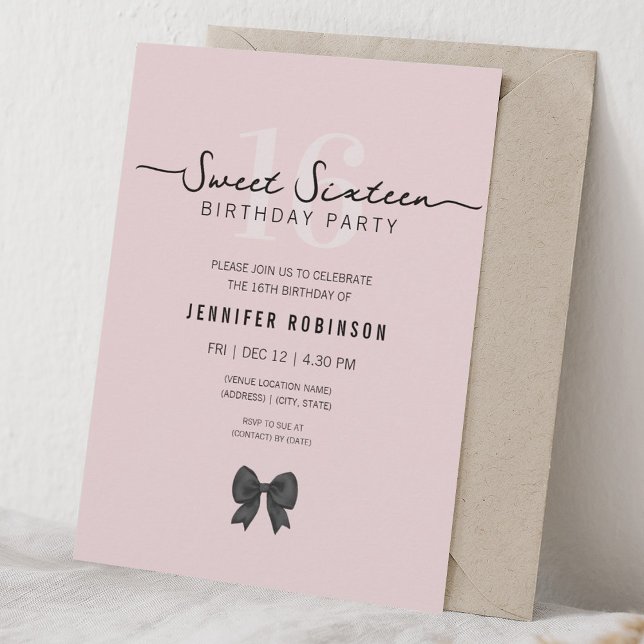 Invitation Simple Nœud Coquette Rose Pâle Sweet 16 Seize (Simple Coquette Bow Sweet 16 Sixteen Blush Pink Invitation)