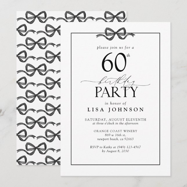 Invitation Simple Noir & Blanc 60e Anniversaire Bow (Devant / Derrière)