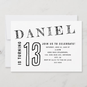 Invitation Simple noir blanc adolescent Ado garçon Anniversai