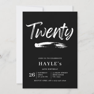 Invitation Simple Noir & Blanc Brush moderne 20e anniversaire