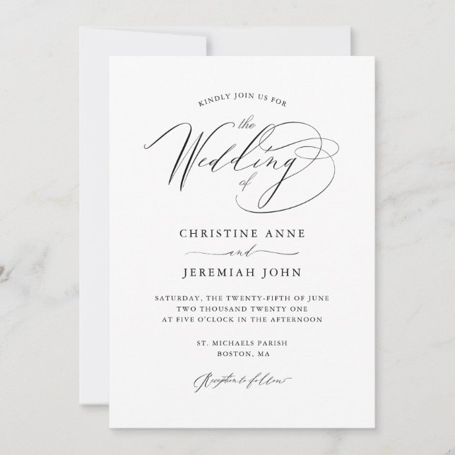 Invitation Simple noir blanc Mariage de script moderne (Devant)