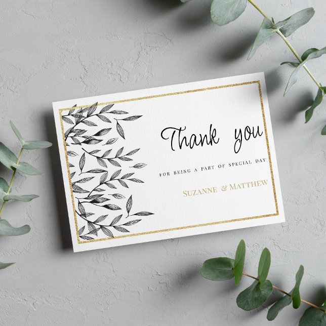Invitation Simple noir blanc or floral feuillage Merci (Simple black white gold floral foliage Thank You )