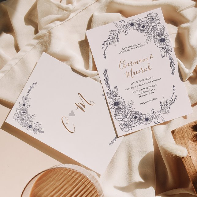 Invitation Simple noir et blanc Floral Monogramme coeur Maria (Créateur téléchargé)