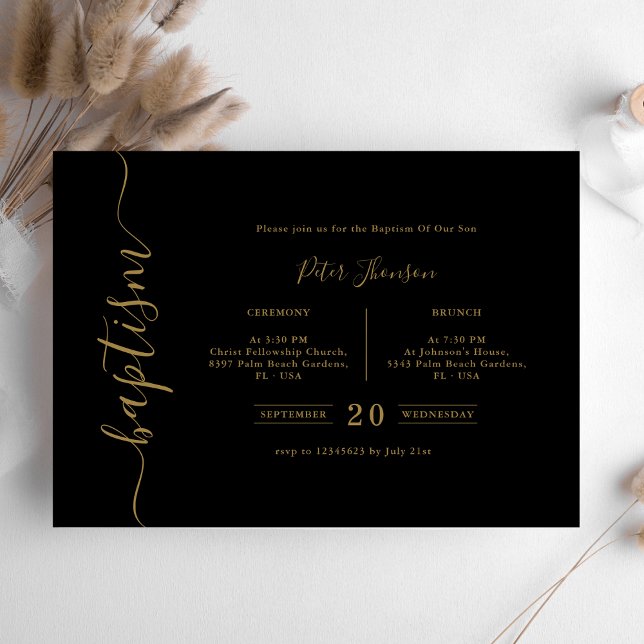 Invitation Simple Noir & Or Script Baptême Genre Neutre (Créateur téléchargé)