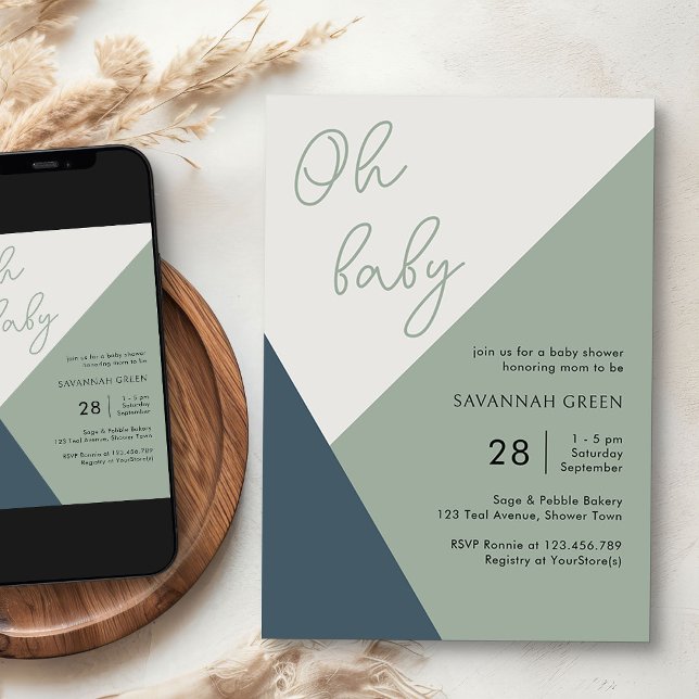 Invitation Simple Oh Baby Script Sage Tricolor Baby shower (Oh Baby Invitation from my Tricolor Baby Shower Collection)