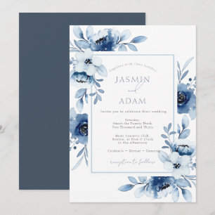 Invitation Simple Opulence Florale Mariage Royal Bleu