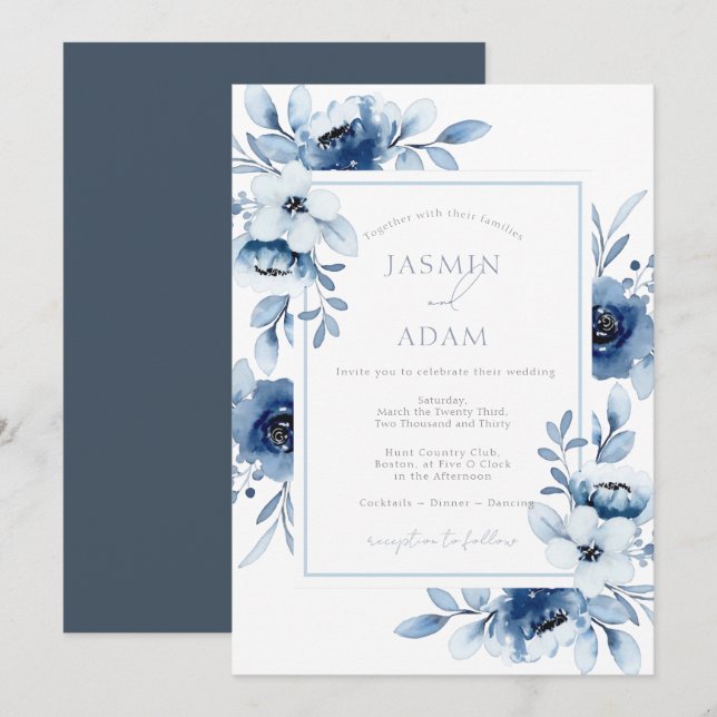Invitation Simple Opulence Florale Mariage Royal Bleu  (Devant / Derrière)