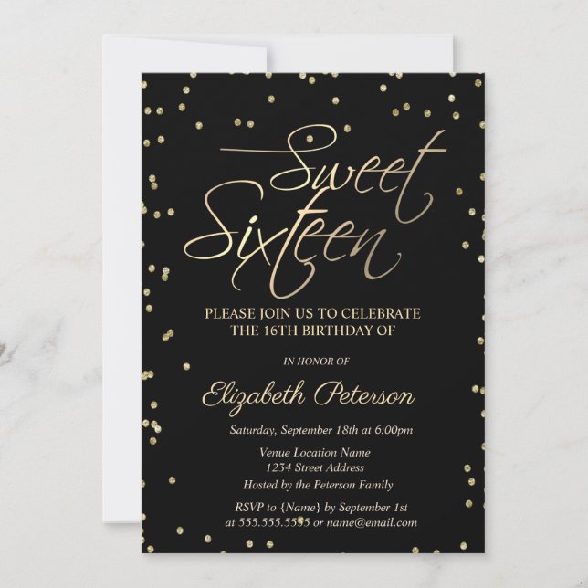 Invitation Simple Or Diamants Noir Sweet 16  (Devant)