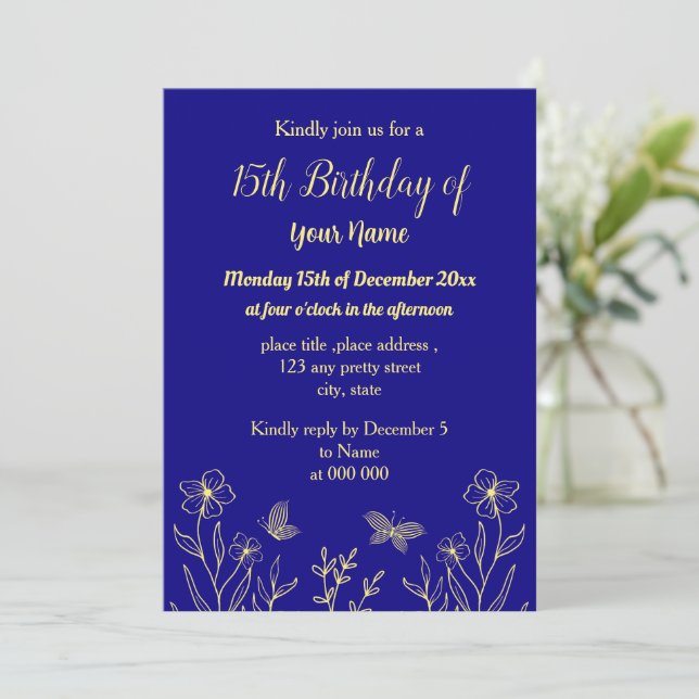 Invitation Simple or fleur royal bleu anniversaire (Debout devant)