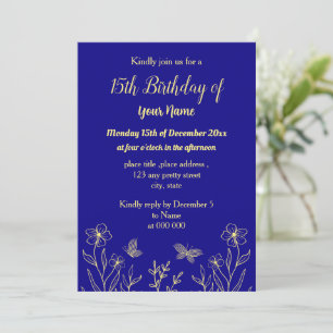 Invitation Simple or fleur royal bleu anniversaire