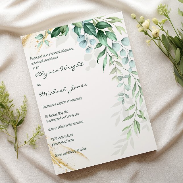 Invitation Simple or ivre doré feuillage floral mariage  (Simple ivory gold greenery leaf floral Wedding )
