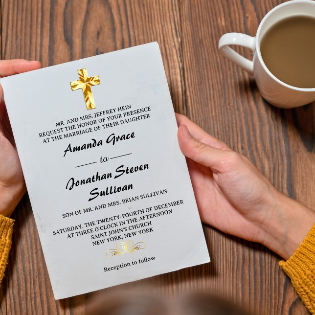 Invitation Simple Or Noël Chrétien Croix Mariage en Or (Créateur téléchargé)
