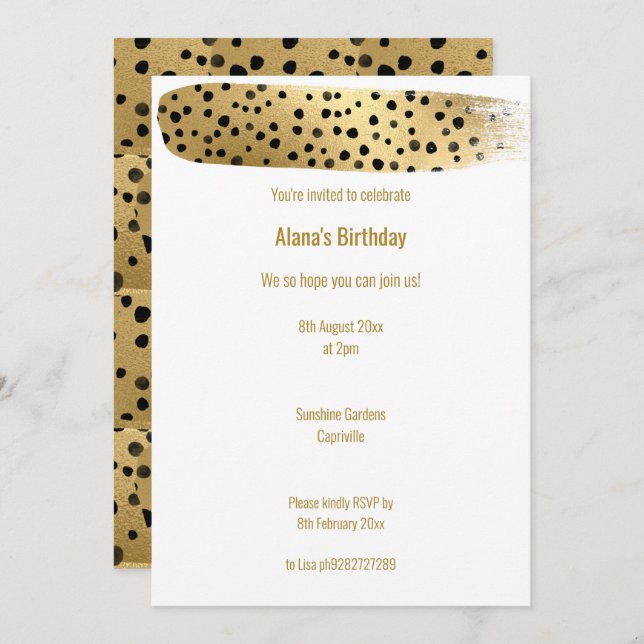 INVITATION SIMPLE OR NOIR LEOPARD ANIMAL BLANC ANNIVERSAIRE (Devant / Derrière)