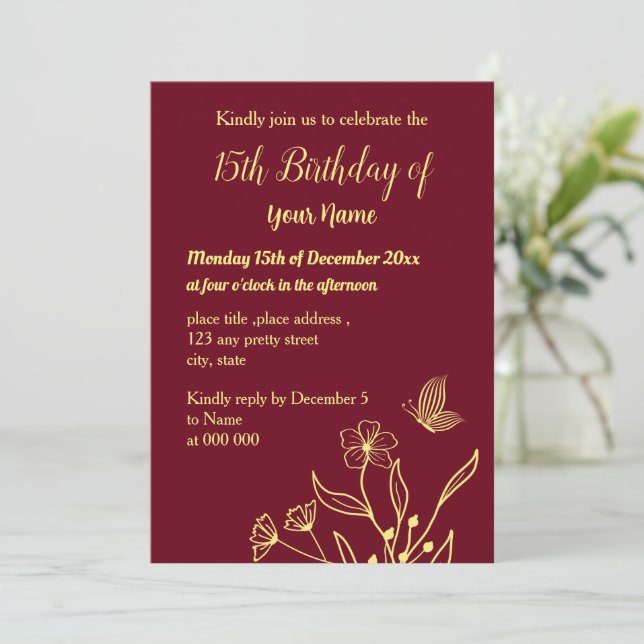 Invitation Simple papillons d'or bordeaux anniversaire (Debout devant)