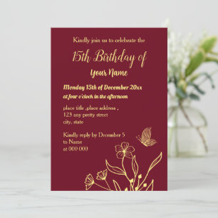 Invitation Simple papillons d'or bordeaux anniversaire