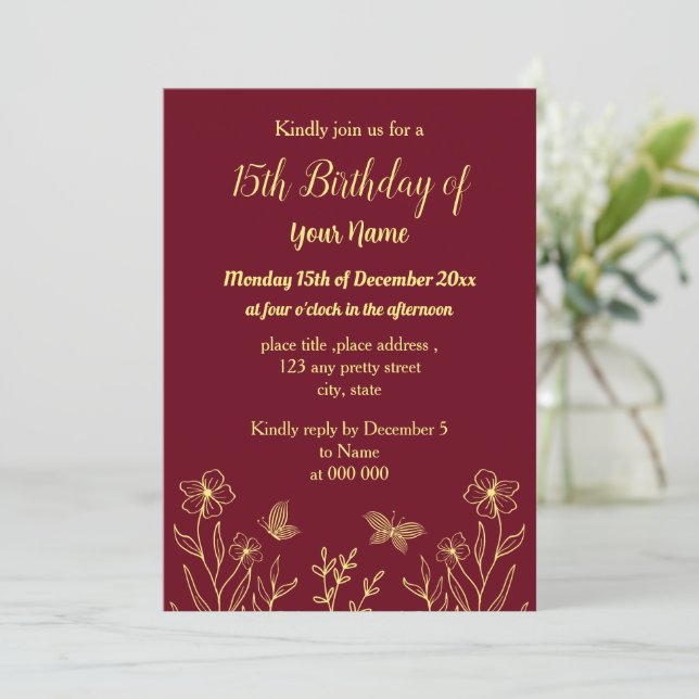 Invitation Simple papillons d'or bordeaux anniversaire (Debout devant)
