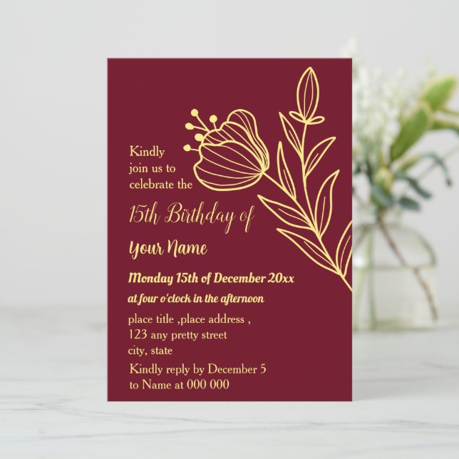 Invitation Simple papillons d'or bordeaux anniversaire (Debout devant)