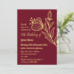 Invitation Simple papillons d'or bordeaux anniversaire