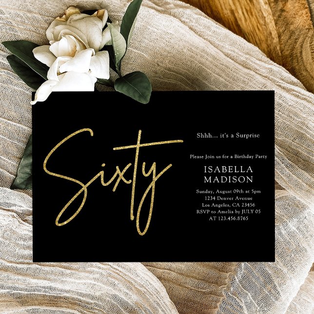Invitation Simple Parties scintillant Noir et Or 60e annivers (Simple Black and Gold Glitter 60th Birthday Invitation
)