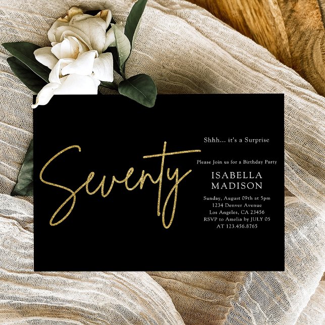 Invitation Simple Parties scintillant Noir et Or 70e annivers (Simple Black and Gold Glitter 70th Birthday Invitation
)