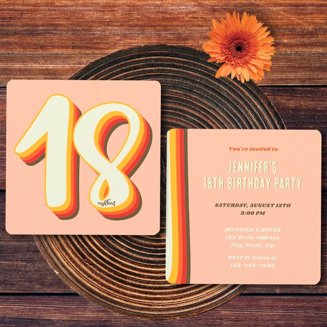Invitation Simple Peach Moderne Rétro Super 18e anniversaire (Front and Back)